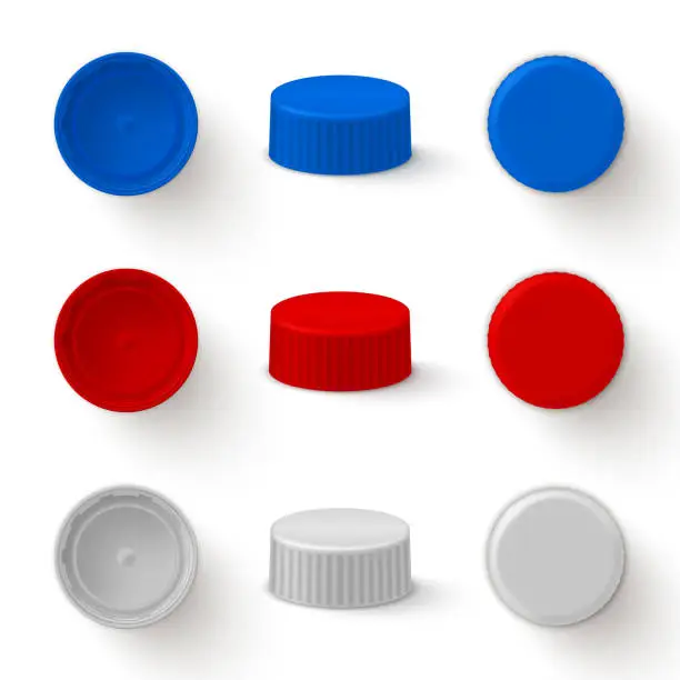 Vector illustration of Caps plastic for bottles realistic mock ups set. Top, bottom, side view. Lids white, red, blue.