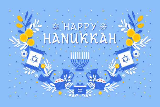 ilustrações de stock, clip art, desenhos animados e ícones de happy hanukkah greeting card. banner, flyer, card template with traditional hanukkah symbols menorah, dreidel, sufganiyah, torah. - gelt