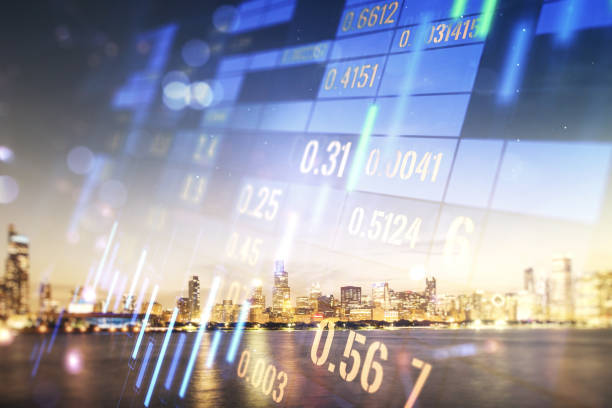 istock Multi exposure of virtual creative financial chart hologram on Chicago skyscrapers background, research and analytics concept 1288881689