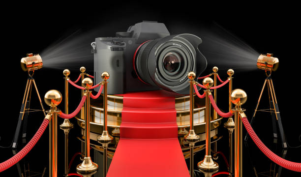 istock Podium with digital camera, 3D rendering isolated on black background 1288883930