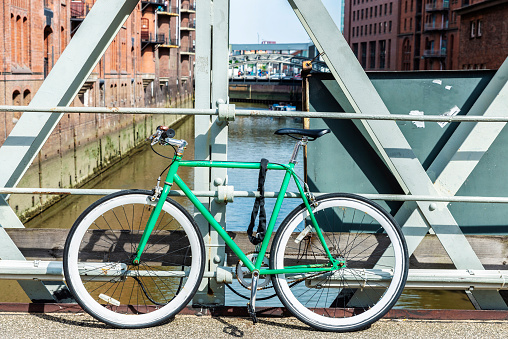 Old green vintage bicycle in Hamburg, Germany