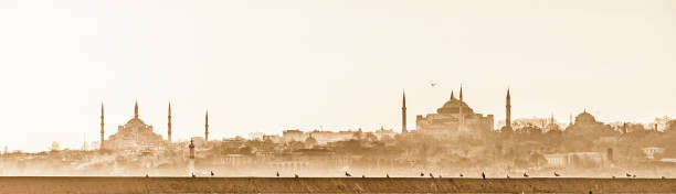 Panoramic view of historical peninsula with Hagia Sophia and Blue Mosque in Istanbul