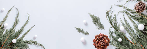 istock White minimal Christmas border with christmas tree branch, decor and cones, flat lay, copy space, web banner 1288888394