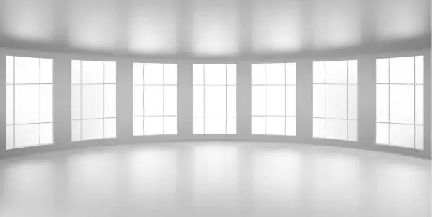 Vector illustration of Empty round room, 3d office with large windows