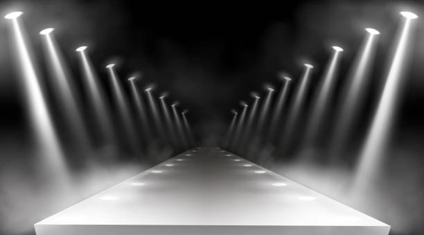 Spotlights background, glowing stage light beams Spotlights background, glowing stage lights, white beams for red carpet award or gala concert. Empty illuminated way for presentation, runway with lamp rays with smoke for show, Realistic 3d vector catwalk stage stock illustrations