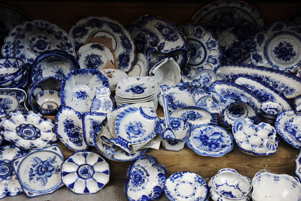 Gzhel, crockery on flea market in Moscow