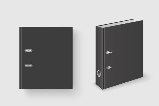 istock Vector 3d Closed Realistic Black Blank Office Binder with Metal Rings for A4 Paper Sheet Set Closeup Isolated on White Background. 4cm, 5cm. Design Template, Mockup, Front, Side, Back View 1288889855