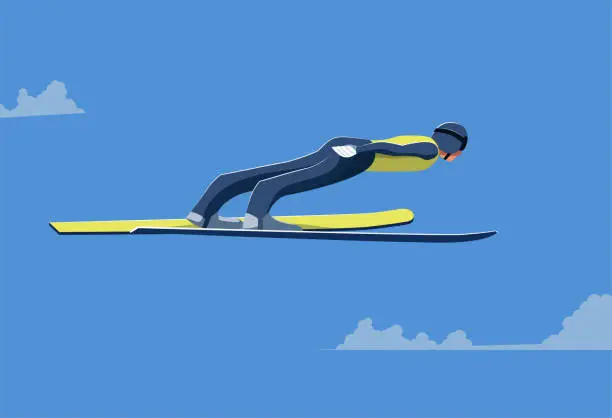 Vector illustration of Ski jumping athlete flies high in the sky parallel to the ground.