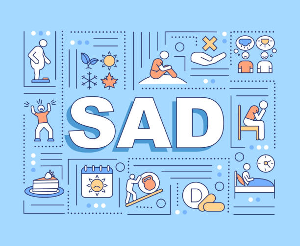 Sad word concepts banner Sad word concepts banner. Seasonal affective disorder problem medical treatment. Infographics with linear icons on blue background. Isolated typography. Vector outline RGB color illustration seasonal affective disorder stock illustrations