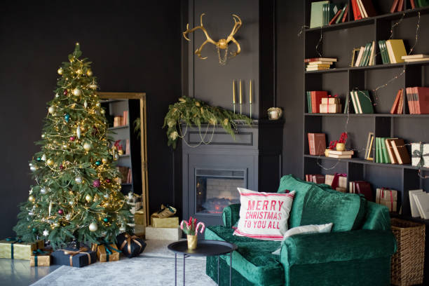 istock Dark Christmas interior with Christmas tree 1288893797