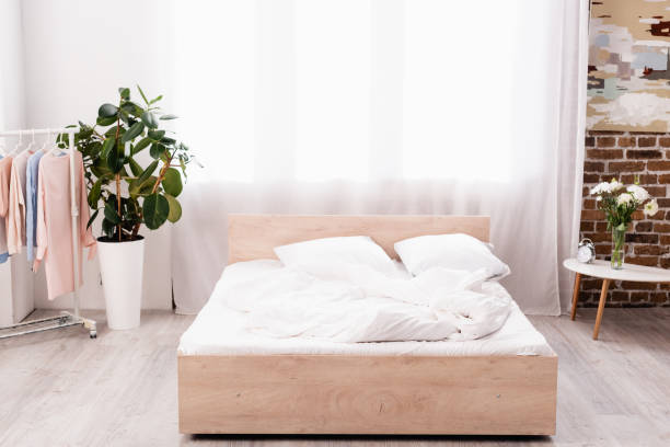 istock Bedroom with plants, alarm clock and hanger rack with clothes 1288898026