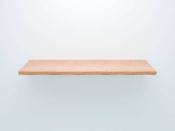 istock Light realistic wooden shelf in retro style on white wall 3D 1288900676