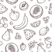istock Doodle fruits seamless pattern. Sketch fresh organic berries vector endless texture 1288901954