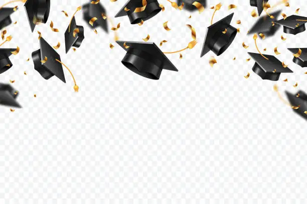 Vector illustration of Graduation caps confetti. Flying students hats with golden ribbons isolated. University, college school education vector background