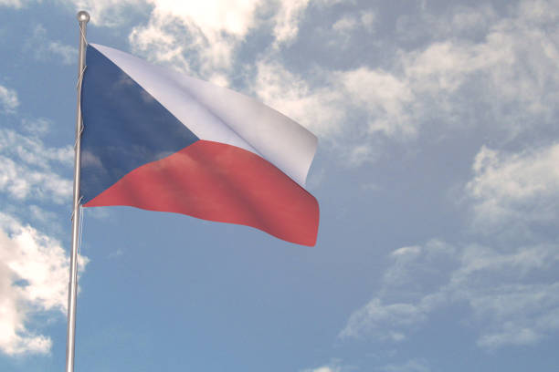 3d rendering of National Flag concept. Flag of the Czech Republic waving in wind. Blue cloudy sky on background.