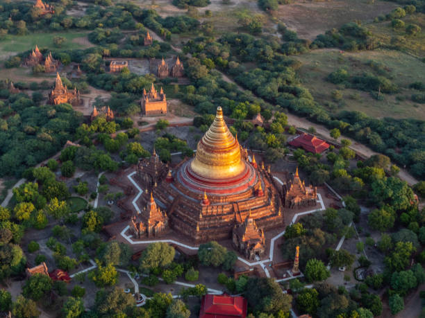 Aerial view of Dhammayazika Pagoda Temple and surroundings Horizontal shot, Sunrise dhammayazika pagoda stock pictures, royalty-free photos & images