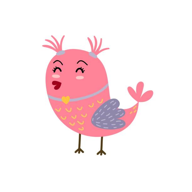 süße mädchenhafte vogel mit pferdeschwänzen. rosa vogel-charakter im cartoon-stil. grafisches element isoliert auf weißem hintergrund - libs stock-grafiken, -clipart, -cartoons und -symbole