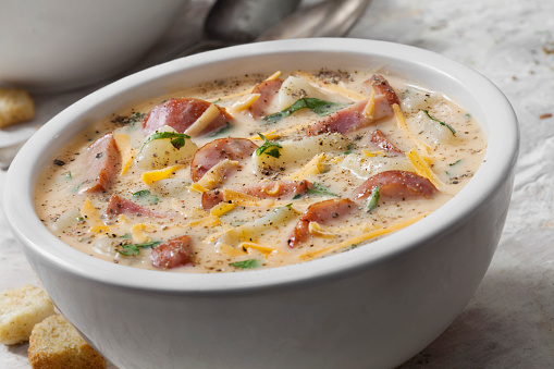 Creamy Kielbasa Sausage and Potato Cheese Soup with Croutons