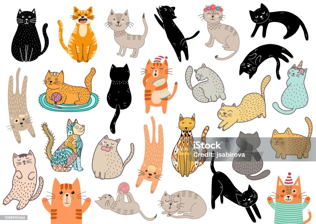 Funny Cats Big Bundle Cartoon Cat Characters In Different Poses Set Stock  Illustration - Download Image Now - iStock