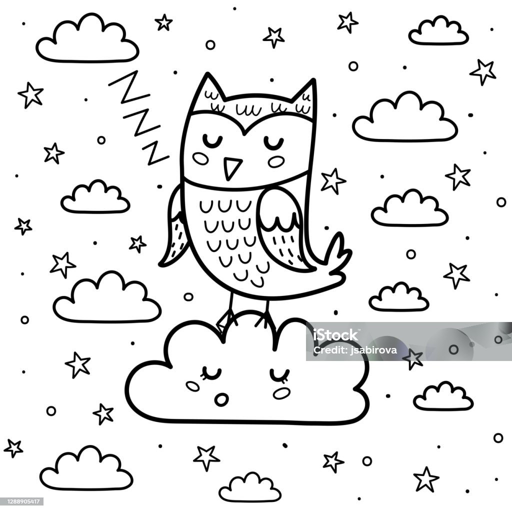 Ilustración de Buenas Noches Para Colorear Página Con Un Lindo Búho Dormido  Y La Nube Fondo De Fantasía En Blanco Y Negro y más Vectores Libres de  Derechos de Animal - iStock