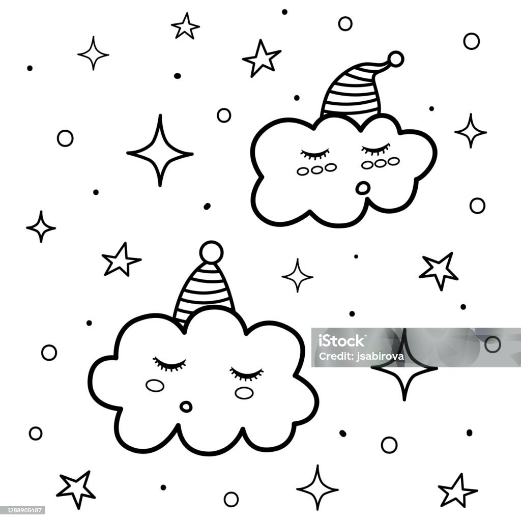 Ilustración de Bonitas Nubes Durmientes Página Para Colorear Impresión En  Blanco Y Negro Con Personajes Divertidos Buenas Noches De Fondo y más  Vectores Libres de Derechos de Arte - iStock