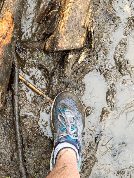 A runner foot is trying to step on blocks of wood and tree banches to avoid the mud on a trail in the woods.