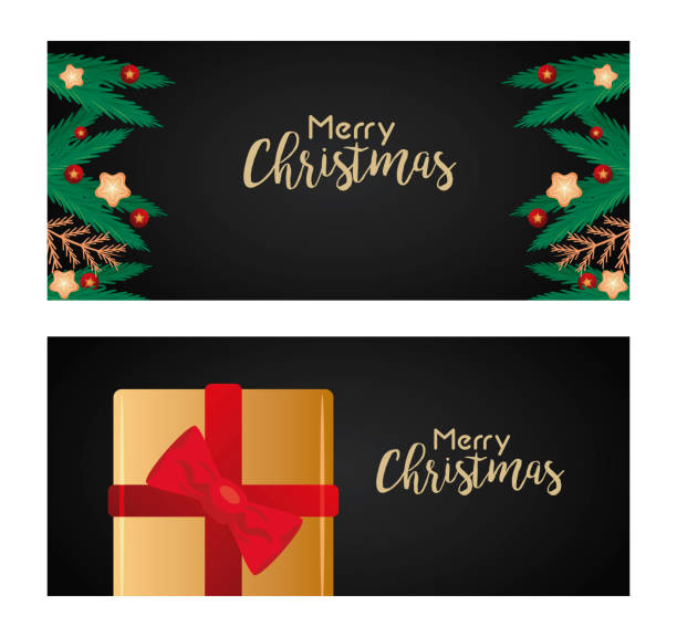 istock happy merry christmas letterings black cards with golden gift and pine leafs 1288910259