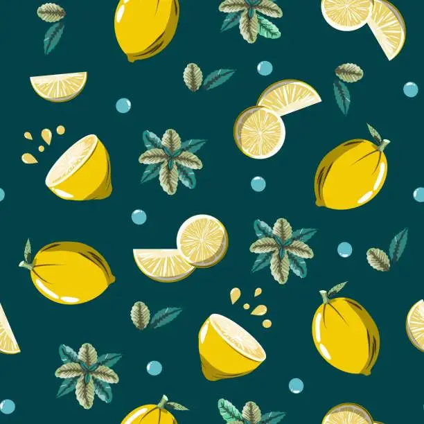Vector illustration of Lemons and mint leaves on green background.