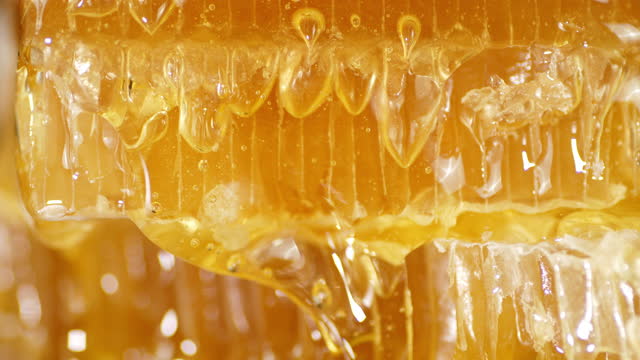 Drops of fresh honey slowly flow down. Macro background.