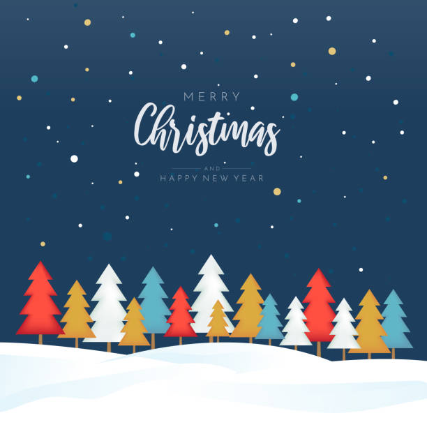 frohe weihnachten und frohes neues jahr plakat mit bunten bäumen. vektor - christmas christmas tree snowing blue stock-grafiken, -clipart, -cartoons und -symbole