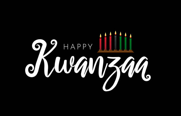 Happy Kwanzaa lettering on black background with kinara. Vector illustration. EPS10