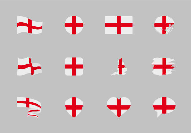 英格蘭國旗 - 平集。不同形狀十二個平面圖標的標誌。 - 英格蘭國旗 幅插畫檔、美工圖案、卡通及圖標