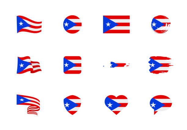 ilustraciones, imágenes clip art, dibujos animados e iconos de stock de bandera de puerto rico - colección plana. banderas de diferentes formas doce iconos planos. - puerto rico