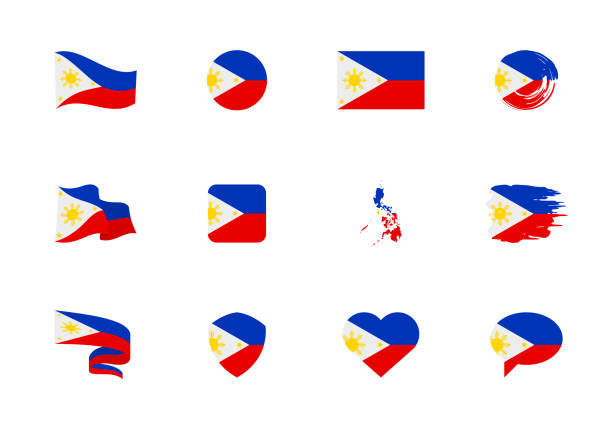 ilustrações, clipart, desenhos animados e ícones de bandeira das filipinas - coleção plana. bandeiras de diferentes ícones planos em forma diferente. - philippines map manila philippines flag