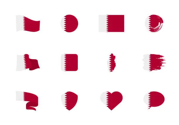 Vector illustration of Qatar flag - flat collection. Flags of different shaped twelve flat icons.