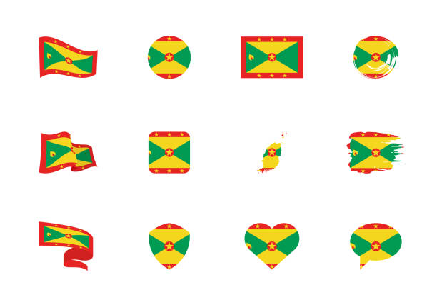 Grenada flag - flat collection. Flags of different shaped twelve flat icons. Grenada flag - flat collection. Flags of different shaped twelve flat icons. Vector illustration set grenada caribbean map stock illustrations
