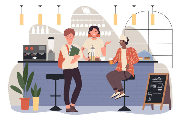 People friends meeting in bar, pub or coffeehouse for coffee People on bar pub vector illustration. Cartoon woman bartender character working in coffeehouse, standing at bar counter, barista making hot coffee for clients, happy guys friends meeting background pub bar counter bar men stock illustrations