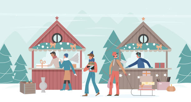 familienmenschen spazieren in weihnachtsstadt oder dorfmarkt - freunde imbiss großstadt stock-grafiken, -clipart, -cartoons und -symbole