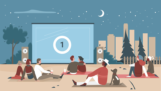 People in outdoor cinema vector illustration. Cartoon man woman couple characters or family with child sitting in open air cinema theater together, watching movie, digital cinematography background