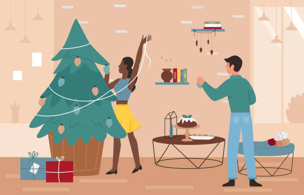 szczęśliwa para ludzi ozdobić choinkę w domu - christmas tree family winter art stock illustrations