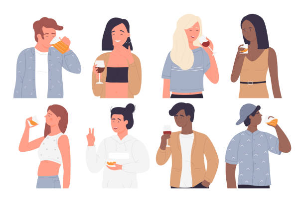 stockillustraties, clipart, cartoons en iconen met de mensen drinken reeks, beeldverhaal jonge gelukkige karakters die drinken - drinking wine
