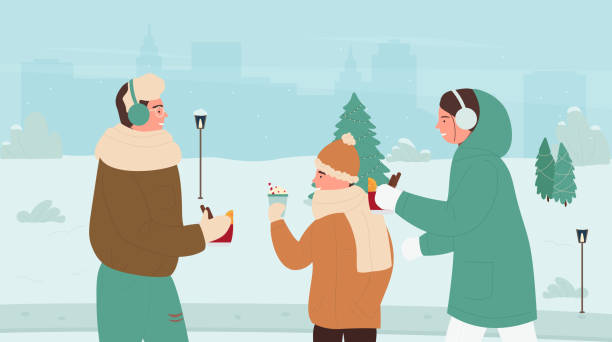 familienmenschen trinken heiße wintergetränke im winter-schneepark - snow park road cold stock-grafiken, -clipart, -cartoons und -symbole