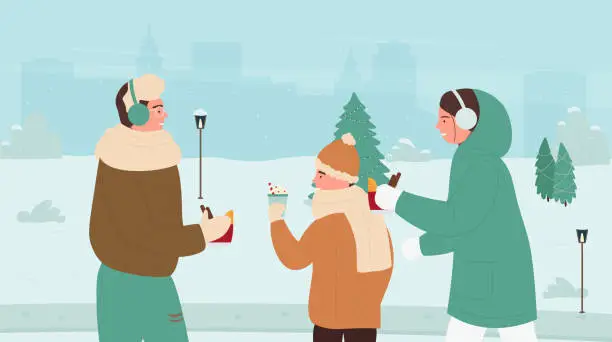 Vector illustration of Family people drinking hot winter drinks in winter snow park
