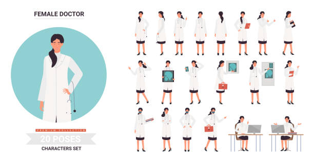 Doctor or nurse female character with stethoscope poses set Doctor or nurse female character poses vector illustration set. Cartoon doctor medical professional staff with stethoscope and emergency bag posing in work, medicine profession poses isolated on white nurse clipart stock illustrations