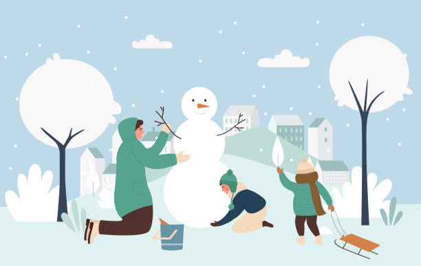 ilustrações de stock, clip art, desenhos animados e ícones de family people make christmas funny snowman together - christmas snow child winter