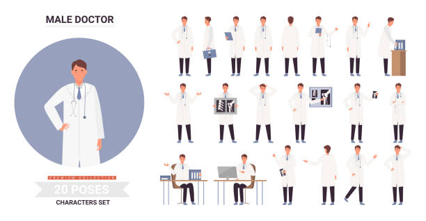 Doctor male character poses set, working posture in hospital Doctor male character poses infographic vector illustration set. Cartoon man doctor sitting and thinking, standing, holding patient xray image, working postures of hospital worker isolated on white cartoon man standing stock illustrations