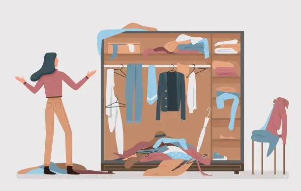 Vector illustration of Messy closet, dressing home room interior with cartoon woman