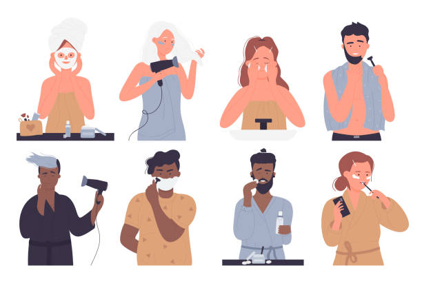 Morning daily routine, bath time hygiene activity set Morning daily routine, bath time vector illustration set. Cartoon man woman characters clean teeth, do beauty procedures, shaving. Everyday life hygiene activity in home bathroom isolated on white black man brushing teeth stock illustrations