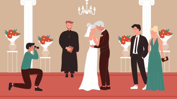 Senior people wedding ceremony in old church chapel interior Senior people wedding ceremony vector illustration. Cartoon elderly happy bridal couple get married, aged bride groom standing in old church chapel interior, wedding ceremonial celebration background priest photos stock illustrations
