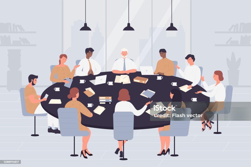 Stół negocjacyjny z politykami z kreskówek, reżyserami - Grafika wektorowa royalty-free (Zebranie) Stół negocjacyjny z politykami z kreskówek, reżyserami - Grafika wektorowa royalty-free (Zebranie)